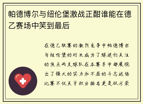 帕德博尔与纽伦堡激战正酣谁能在德乙赛场中笑到最后