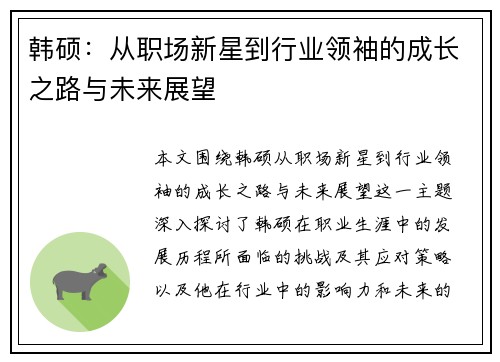 韩硕：从职场新星到行业领袖的成长之路与未来展望