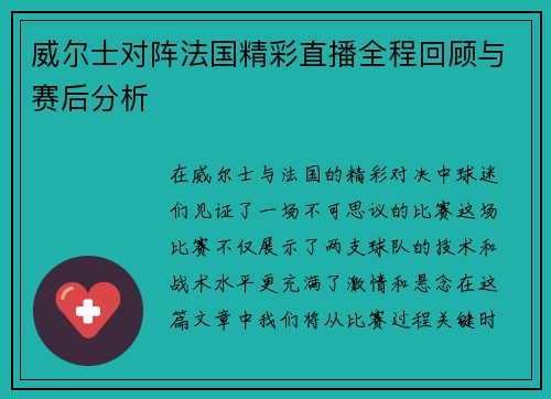 威尔士对阵法国精彩直播全程回顾与赛后分析