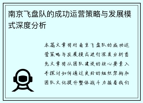 南京飞盘队的成功运营策略与发展模式深度分析