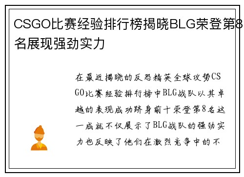 CSGO比赛经验排行榜揭晓BLG荣登第8名展现强劲实力