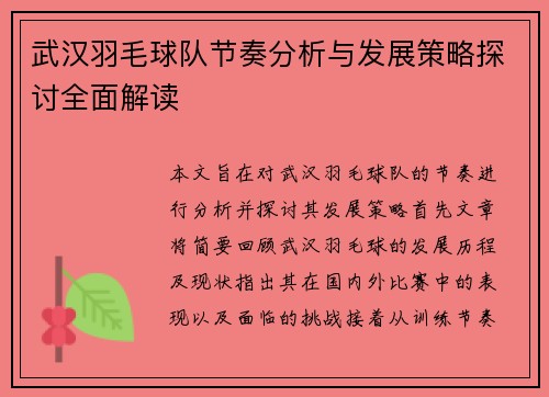 武汉羽毛球队节奏分析与发展策略探讨全面解读