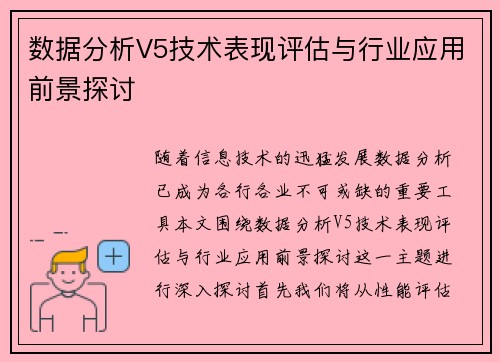 数据分析V5技术表现评估与行业应用前景探讨